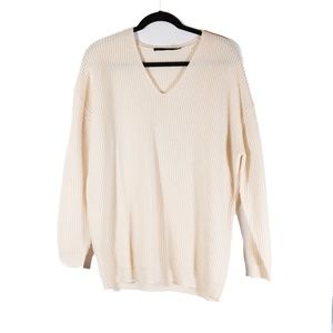 Jenni Kayne Cabin Wool Cashmere Ribbed Knit V Neck Pullover Sweater Oatmeal M